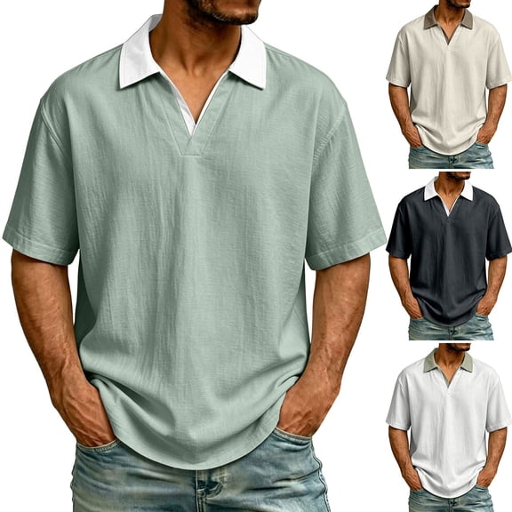 Mens Cotton Linen Polo Shirts Casual Short Sleeve V Neck Shirt Summer Beach Hippie Tshirt Shirt for Men Big and Tall Size M-3XL White