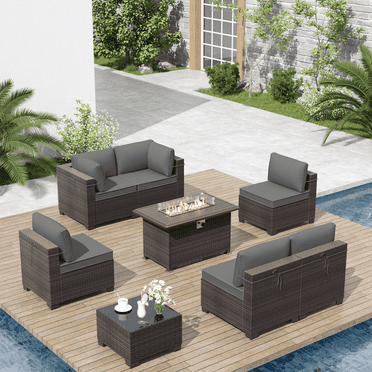 ALAULM 8 Pieces Outdoor Patio Furniture Set with Propane Fire Pit Table Outdoor Sectional Sofa Sets Patio Furniture 43" Gas Fire Pit Brown PE Rattan Patio Conversation Set w/6 Cushions, Gray