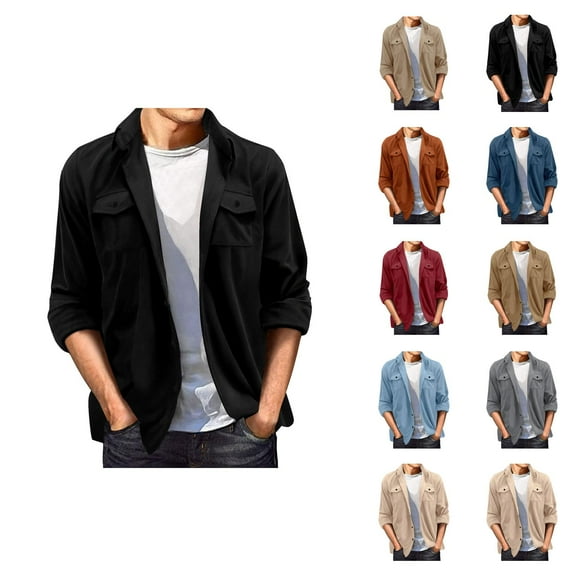 Jackets for Men 2025 Fall Winter Long Sleeve Button Down Collared Casual Loose Jacket with Pockets Outerwear Coat