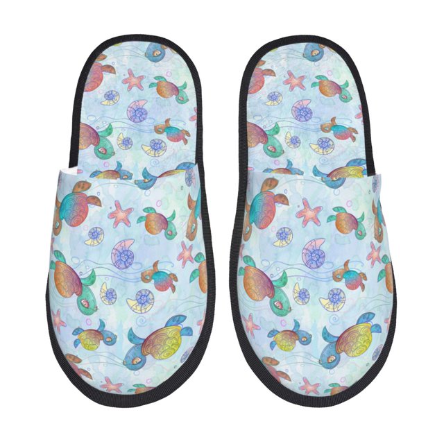 Balery Colorful Sea Turtle Pantuflas de Casa de Felpa Silenciosas con Diseño Estampado, Zapatillas Cómodas Antideslizantes de Algodón para Interior-Medium