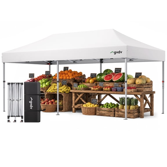 GVDV Pop Up Canopy, 10x20 Outdoor Canopy tent, Instant Slant Leg Shelter Gazebo for Outside, Tailgating, Camping & Events, White