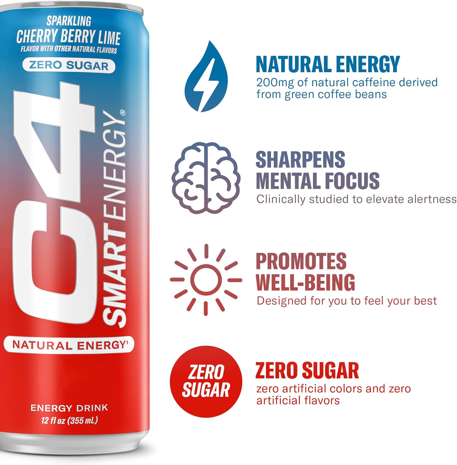 C4 ENERGY C4 SMART ENERGY DRINK, CHERRY BERRY LIME FLAVOR, ZERO SUGAR, CARBONATED, 12 OZ CAN (12 PACK)