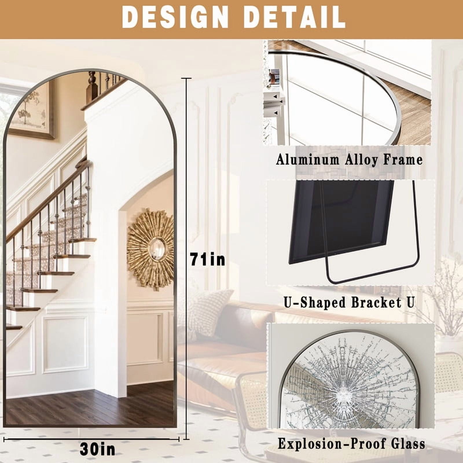 Mirrasia 71" x 30" Arched Full Length Mirror With Stand Floor Mirror Wall Mounted, Black