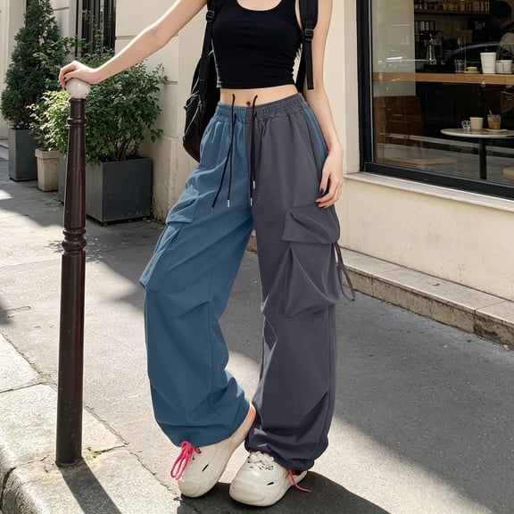 Karymi Shorts for Women Two-Tone Color Block Cargo Pants, Elastic Drawstring High Waist Multi Pockets Adjustable Cuff Baggy Wide Leg Streetwear Trousers