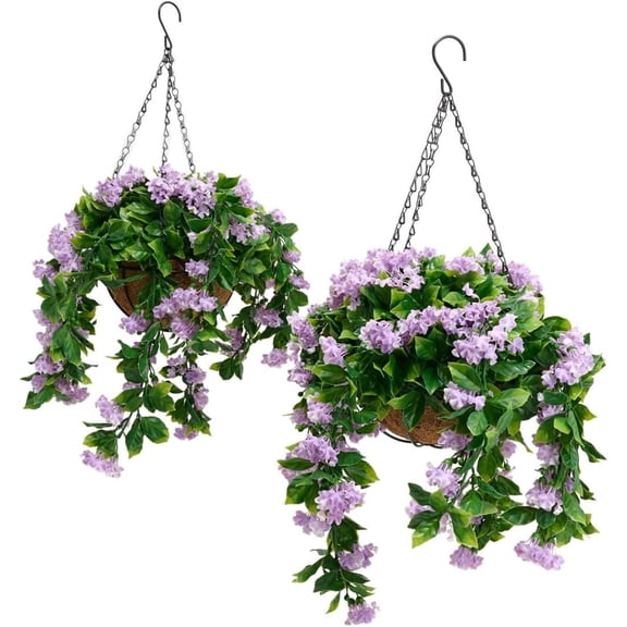 Sulaicai 15'' Faux Crepe Myrtle Hanging Baskets, Set of 2 Artificial Hanging Fake Flower with Basket Plants, UV Resistant & Fade-Resistant for Indoor/Outdoor, Porch/Patio/Garden/Yard (Purple)