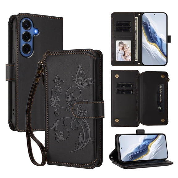 Case for Samsung Galaxy S26 Plus, PU Leather   TPU, with Crossbody Strap   Wrist Strap, Zipper Pocket Card Slots and Cash Pocket Magnetic Clasp Kickstand Embossed Women Girls Wallet Case, Black