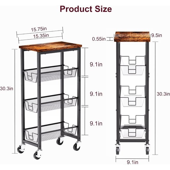 Slim Rolling Cart, 4-Tier Storage Cart, 9.1inch Narrow Kitchen Rolling Cart on Wheels for Small Space, Utility Cart Shelving Unit with Wooden Top and Metal Handle for Kitchen, Bathroom, Laundry Room