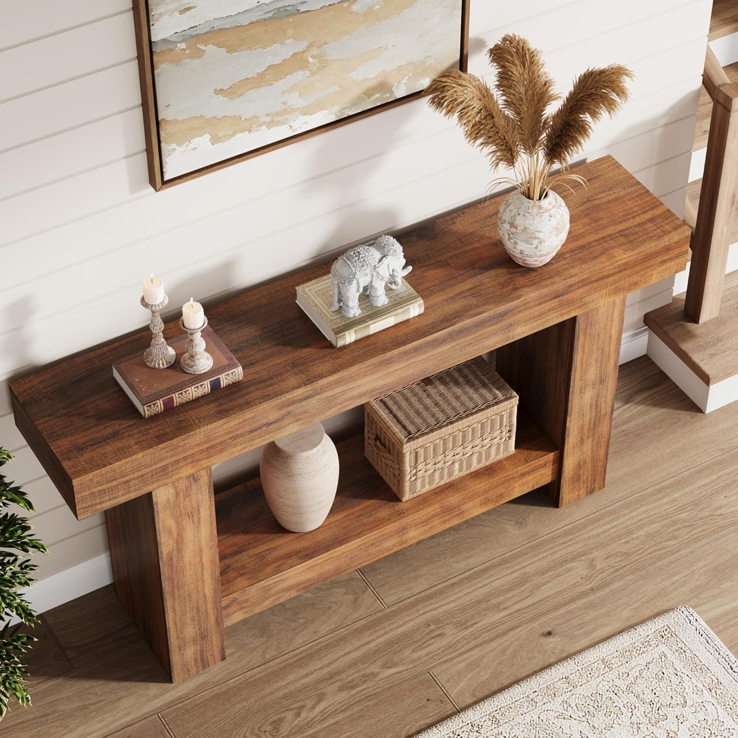 63'' Long Console Table, 2-Tier Narrow Entryway Table Sofa Table with Storage, Farmhouse Wood Behind Couch Table for Living Room, Hallway, Brown