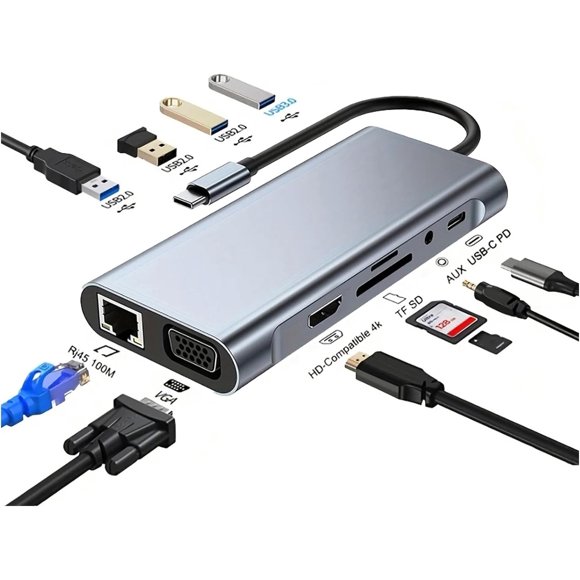USB C Laptop Docking Station 4K 30Hz Type-C Hub with HDMI, RJ45 Ethernet 100Mbps , 4 USB Ports, VGA, SD TF, Audio, 100W PD Charging for Type C PC Cell Phone Laptops