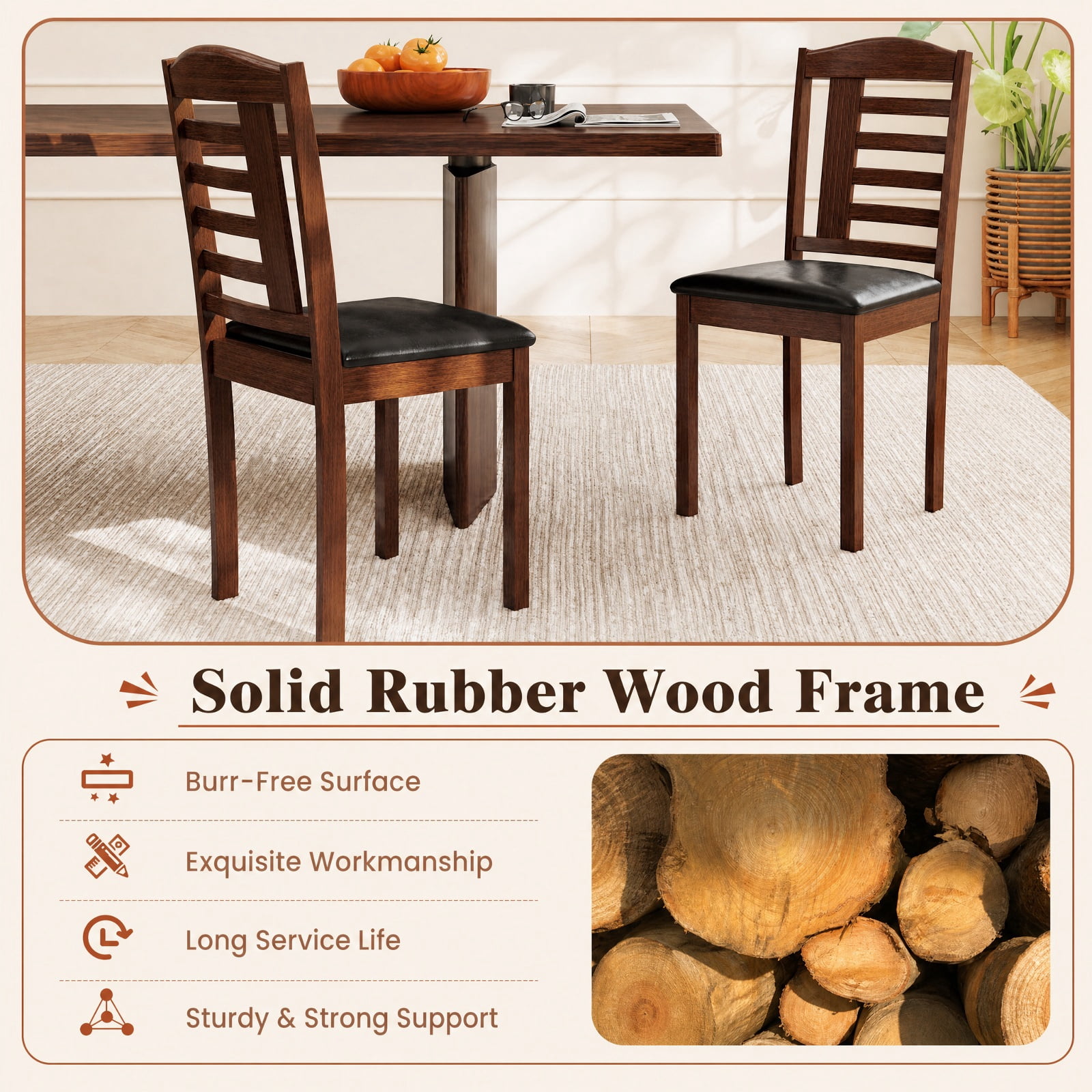 Furnibear Set of 2 Wood Kitchen Chairs with Faux Leather Upholstered Seat and Ergonomic Backrest for Dining Room and Restaurant, Black