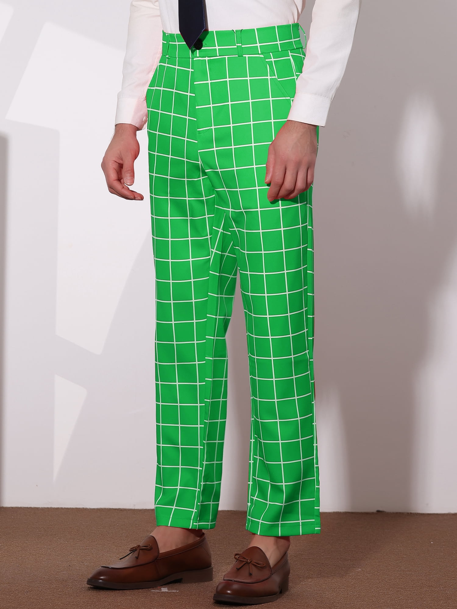 Unique Bargains Men's Plaid Printed Straight Leg Business Casual Checked Pants 30 Green White