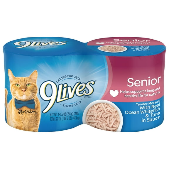 9Lives Wet Senior Cat Food with Real Ocean Whitefish & Tuna in Sauce, 5.5 Ounce Can (Pack of 4)
