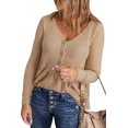 thumbnail image 4 of POGLIP Women's Buttoned V Neck Ruffle Waffle Long Sleeve Knit Top, 4 of 6