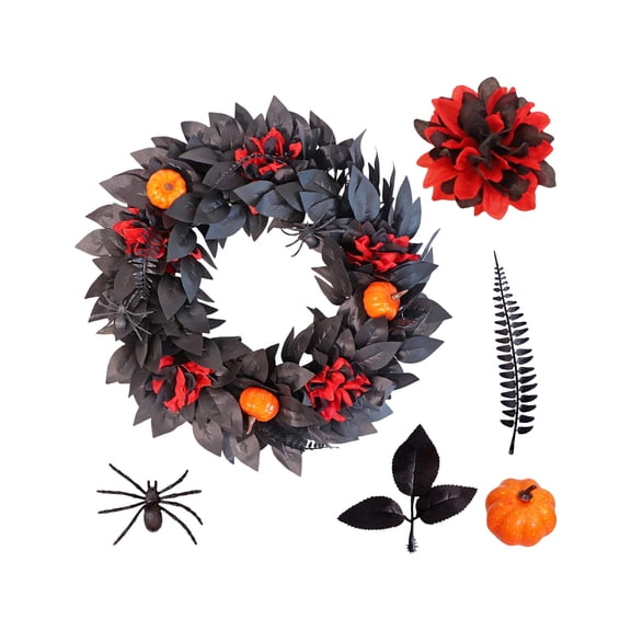 Olive Wreath, Fall Wreath For Front Door, Artificial Thanksgiving Wreaths, Summerween Halloween Wreath with Creepy Pumpkin and Artificial Dark Gothic Foliage, Pack of 1