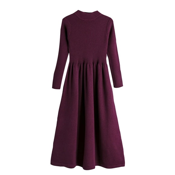Women's Knee Length A Line Knitted Basic Dress Solid Color Long Sleeve High Neck Elegant Casual Trendy Clearance Spring Purple Free Size