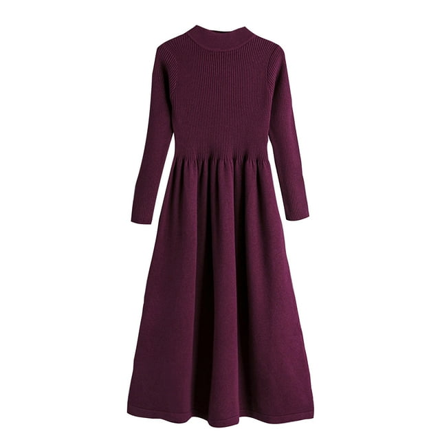 Pisexur Robes Chandails pour Femmes 2024 Tendance Couleur Unie Robe Midi en Tricot Côtelé Col Rond Robe à Manches Longues Mode Décontractée Robe d'Automne Ample Plissée Robes Chandails à Étages