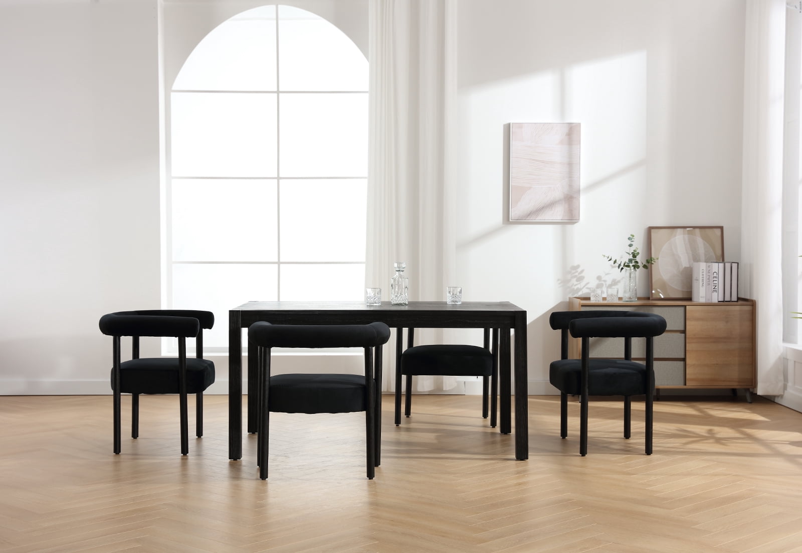 Guyou Modern Barrel Dining Chairs Set of 2, Mid-Century Farmhouse Kitchen Chairs with Curved Back, Wooden Velvet Upholstered Dining Side Chairs for Dining Room Living Room Kitchen, Black