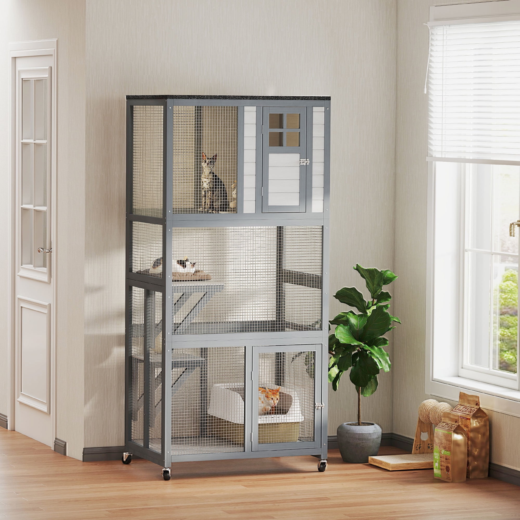 74" Wooden Catio Outdoor Cat House Weatherproof & Wheeled, Outside Cat Enclosure with High Weight Capacity, Kitten Cage Condo, Light Gray