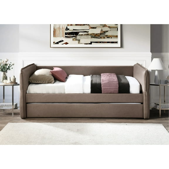 Brown Daybed With Trundle, Twin Over Model, 100% , Easy To Manage Upholstered Bedroom Bed Design, Fabric, Maintain Structure