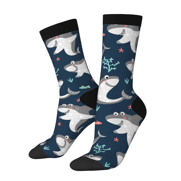 Wukai Friendly Smiling Sharks Print Contrast Color Mid-tube Socks, 3D Printing Design Adult Socks, High Elastic Breathable Sports Socks, Suitable for Daily,Unisex