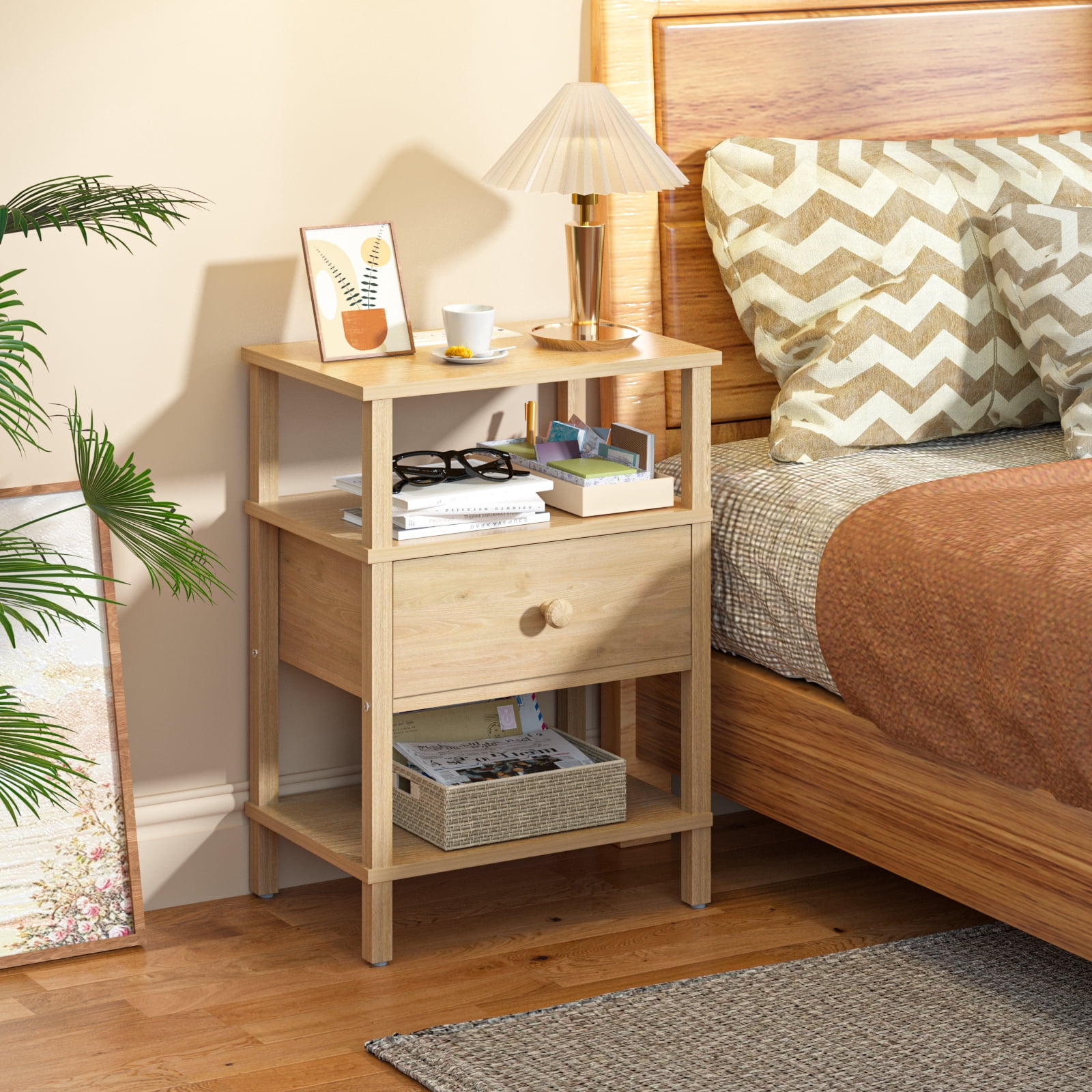 LEYAOYAO End Table with Charging Station, Wood Thin Side Table for Living Room Bedroom, Farmhouse Natural Oak