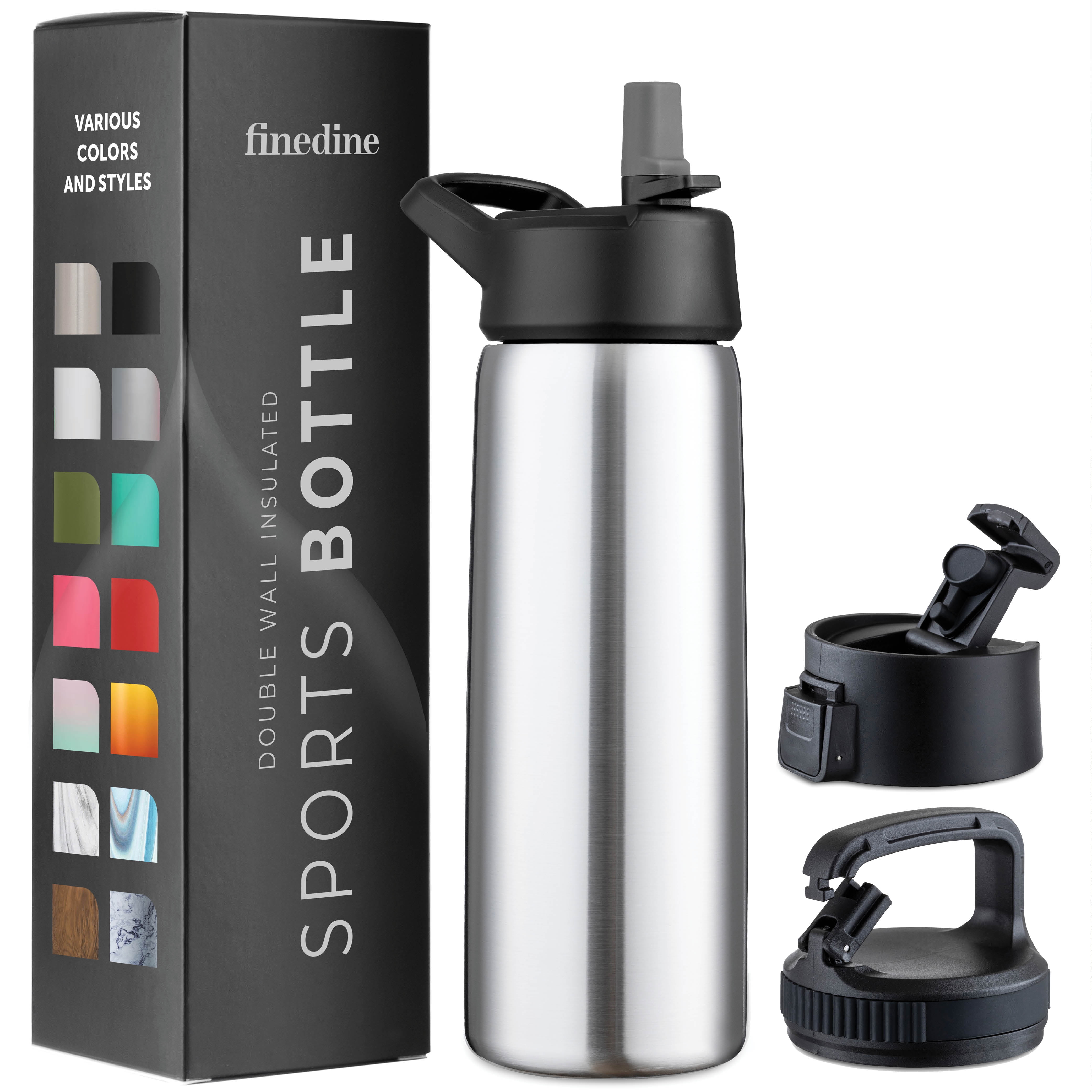 FineDine 26 oz Silver and Black Triple Insulated Stainless Steel Water Bottle with Straw and Flip-Top Lid