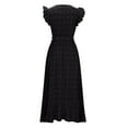 thumbnail image 5 of Lovzfmll Women's Summer Lightweight Floral Dress Wrap V Neck Casual Solid Color Bubble Embroidered Lace Cuffs Comfortable Short Sleeve Belted Ruffle A-Line Flowy Maxi Dresses Black XL, 5 of 6
