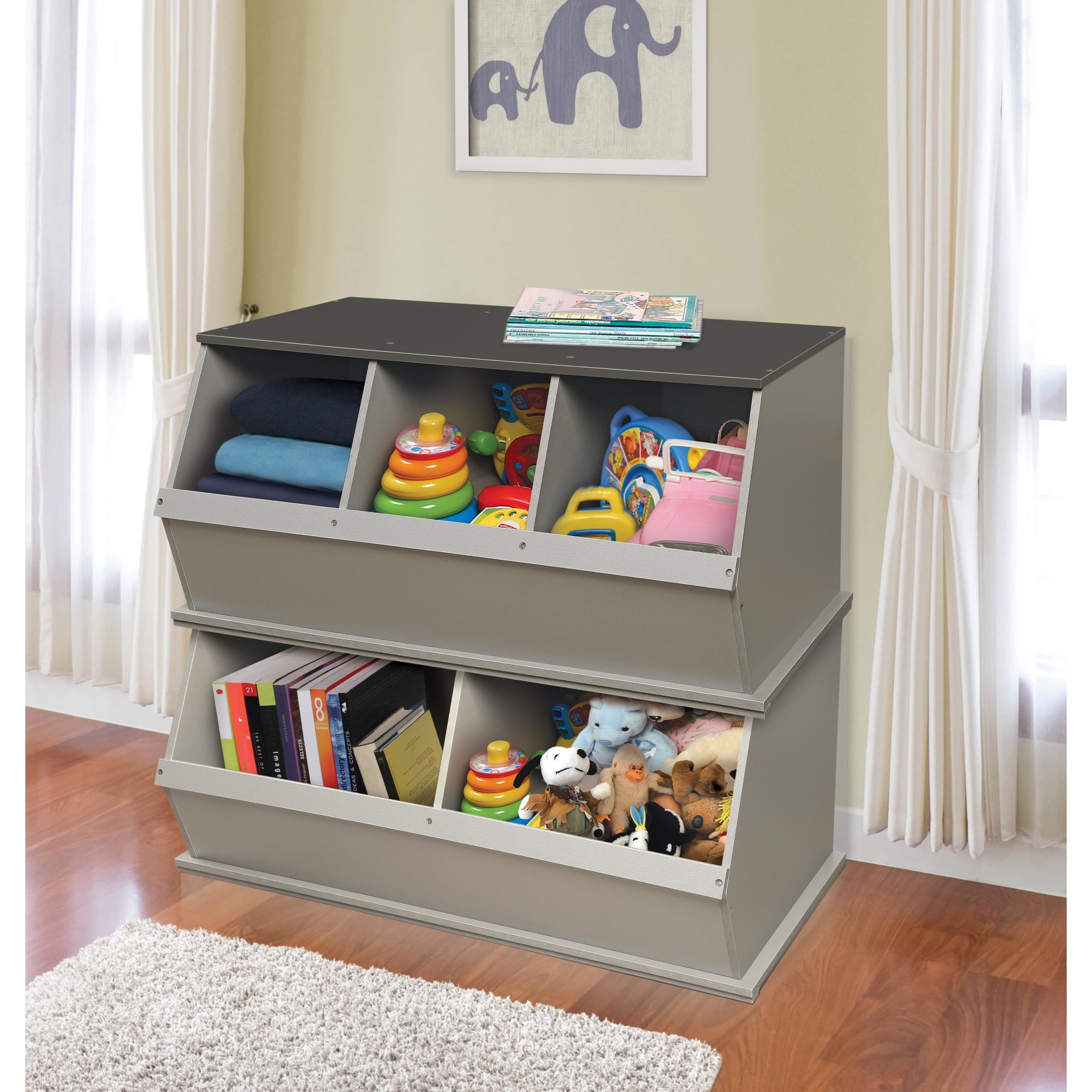Badger Basket Children's Stackable Wooden 3-Bin 33 gal Toy Storage Cube, Woodgrain Gray