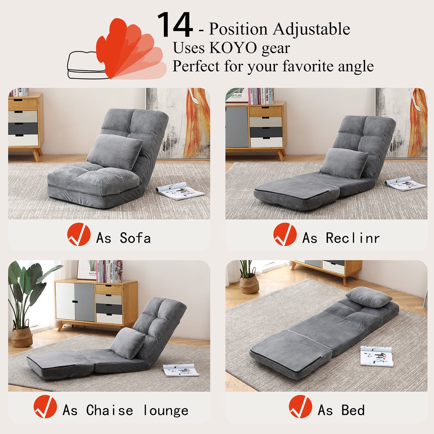 Kadyn Indoor Chaise Lounge Sofa, Adjustable Floor Chair with Back Support and Pillow, Folding Floor Lounger for Adults, Grey Kadyn Indoor Chaise Lounge Sofa, Adjustable Floor Chair with Back Support and Pillow, Folding Floor Lounger for Adults, Grey