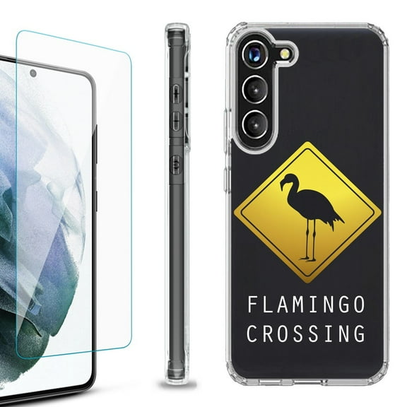 Shockproof Bumper Phone Case for Samsung Galaxy S23 5G, with Tempered Glass Screen Protector, by OneToughShield ® - Flamingo