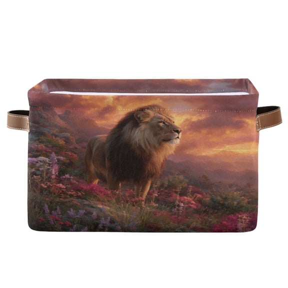 1-Pack Square Closet Organizers with Handles Open Basket Bins Majestic Powerful Lion Storage Basket for Home Office