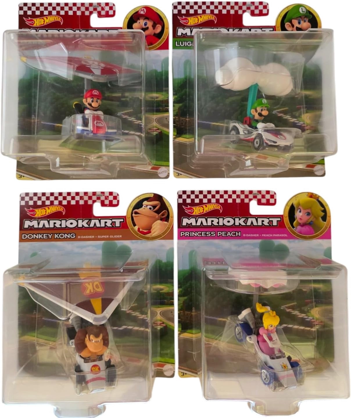 Hot Wheels Mario Kart Character Cars Collection Set, 4 Pack, Mario, Luigi, Donkey Kong, Princess Peach GVD30-956R