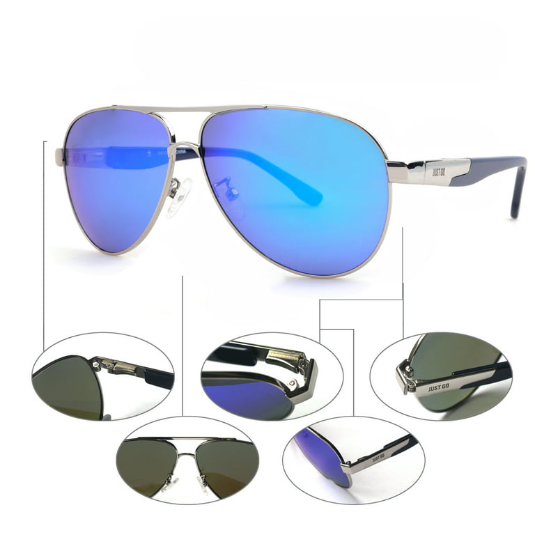 JUST GO Aviator Style Polarized Sunglasses with Spring Hinge, 100%UV  Protection for Men and Women, Silver, Blue Rove