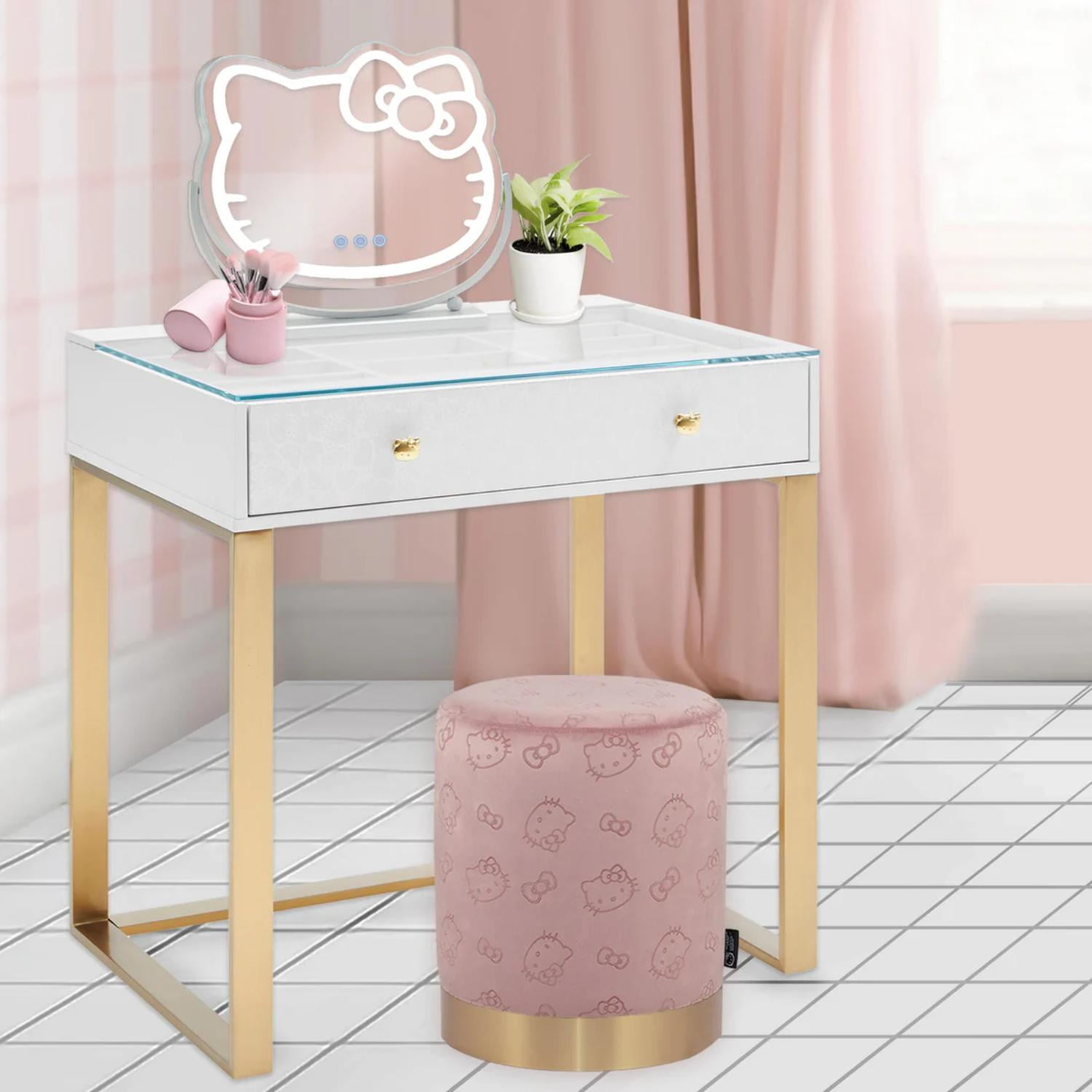 Impressions Vanity Hello Kitty SlayStation Vanity Table with Drawers, Makeup Vanity Dressing Table (Gold)