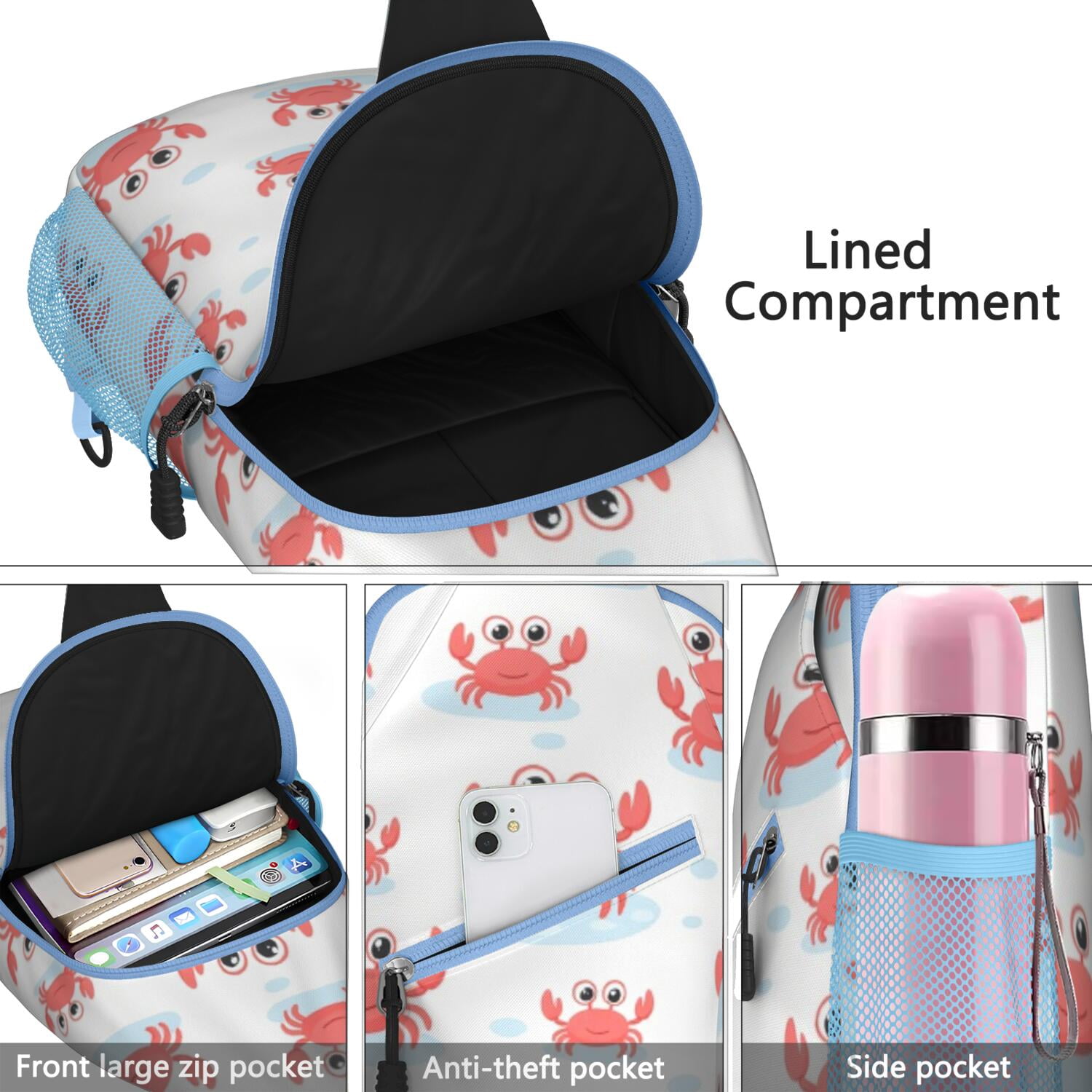 Chest Bag Crossbody Shoulder Bag Adjustable Shoulder StrapGym Cycling Travel Hiking Daypack for Hiking Dating Gym Cycling Working Marine Adorable Crab