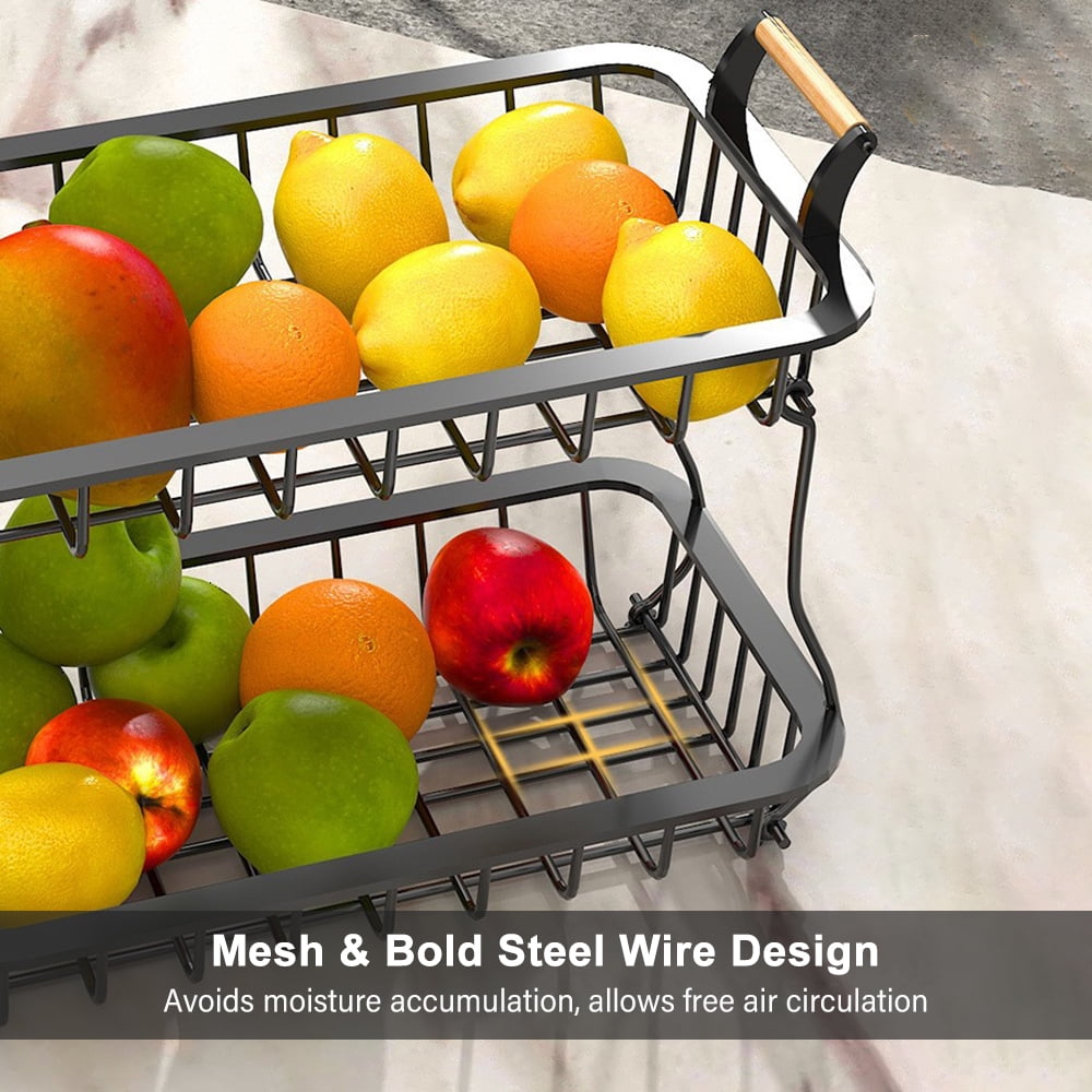 CACAGOO 2 Tier Countertop Fruit Basket Kitchen Organizer with Wooden Handle for Kitchen Counter Metal Mesh Basket Fruits Stand Produce Holder Organizer