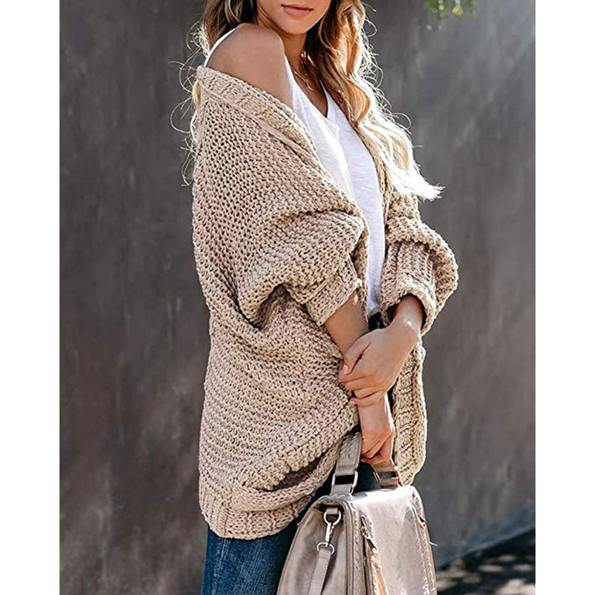 Women Open Front Long Sleeve Chunky Knit Cardigan Sweaters Outwear