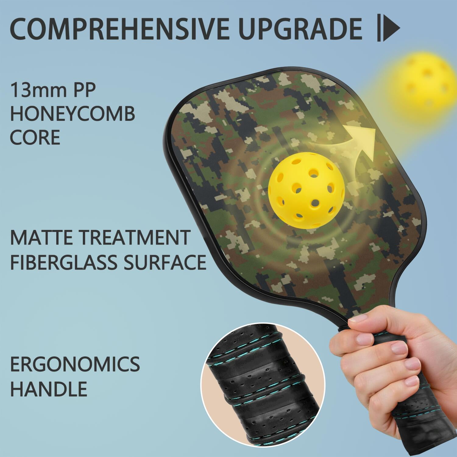 Pickleball Paddles Set Of 1, Fiberglass Surface, Camouflage Print, 1 Paddle, 2 Balls & Bag