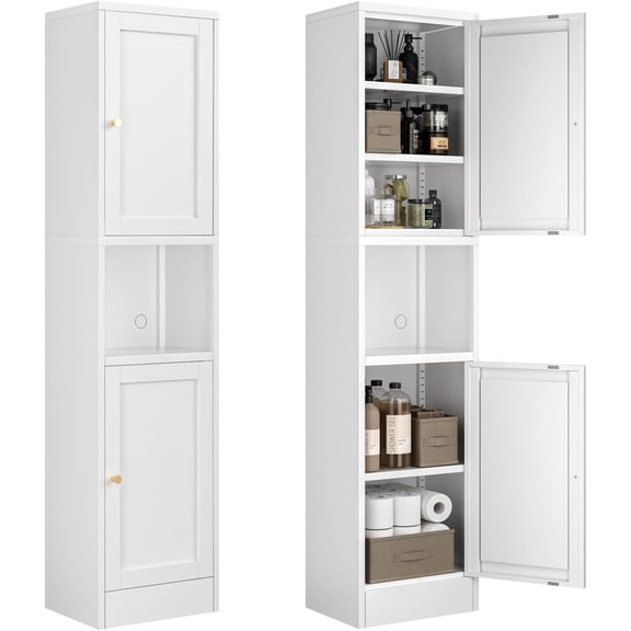 LINJH Tall Bathroom Storage Cabinet,Narrow Metal Cabinet with Open Compartment,Freestanding Floor Cabinets Adjustable Shelves for Small Spaces-67"H x 15.7"W x 12"D-White