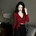 thumbnail image 2 of Women's Deep V Neck Knot Front Long Sleeve Wrap Crop Top Tee T-Shirt, 2 of 4