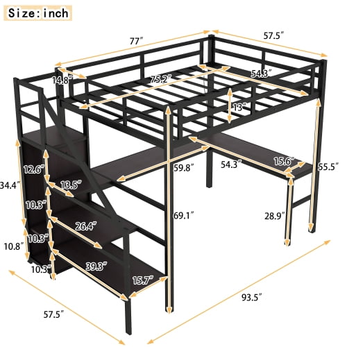 Leumius Metal Gaming Loft Bed with Wardrobe and Adjustable Shelf, Metal, 93.5''L x 57.5''W x 69.13''H, 173.06 LB, Black