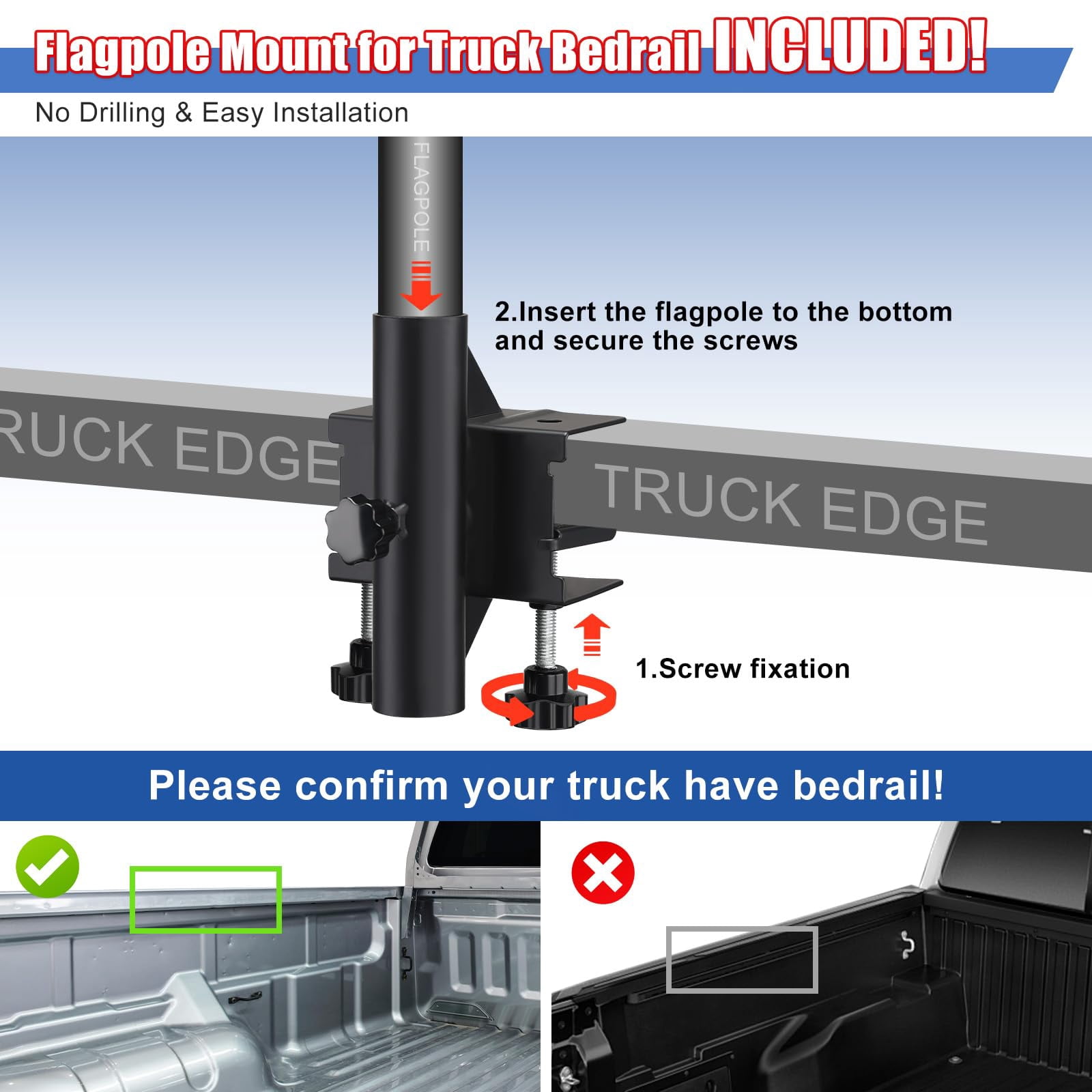 OLIYNEDY Truck Flag Pole with Mount for Truck Bed, 5ft Metal Flagpole for Car, Pickup, Jeep, Heavy Duty Flag Pole Kit with Holder, Black