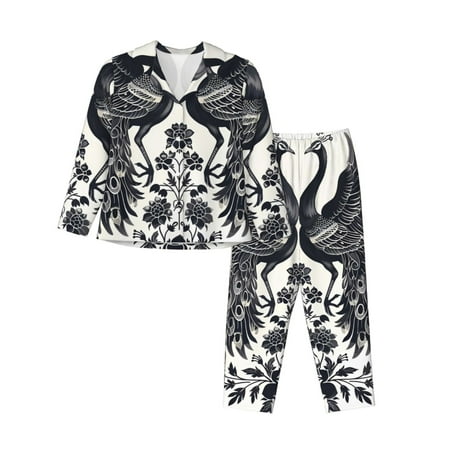 Salouo Artistic Black White Peacocks Pattern Women s Pajamas Set Long Sleeve Button Down Sleepwear Soft Pj Lounge Sets for women 2 Piece Pjs Set with Long Pants-Medium