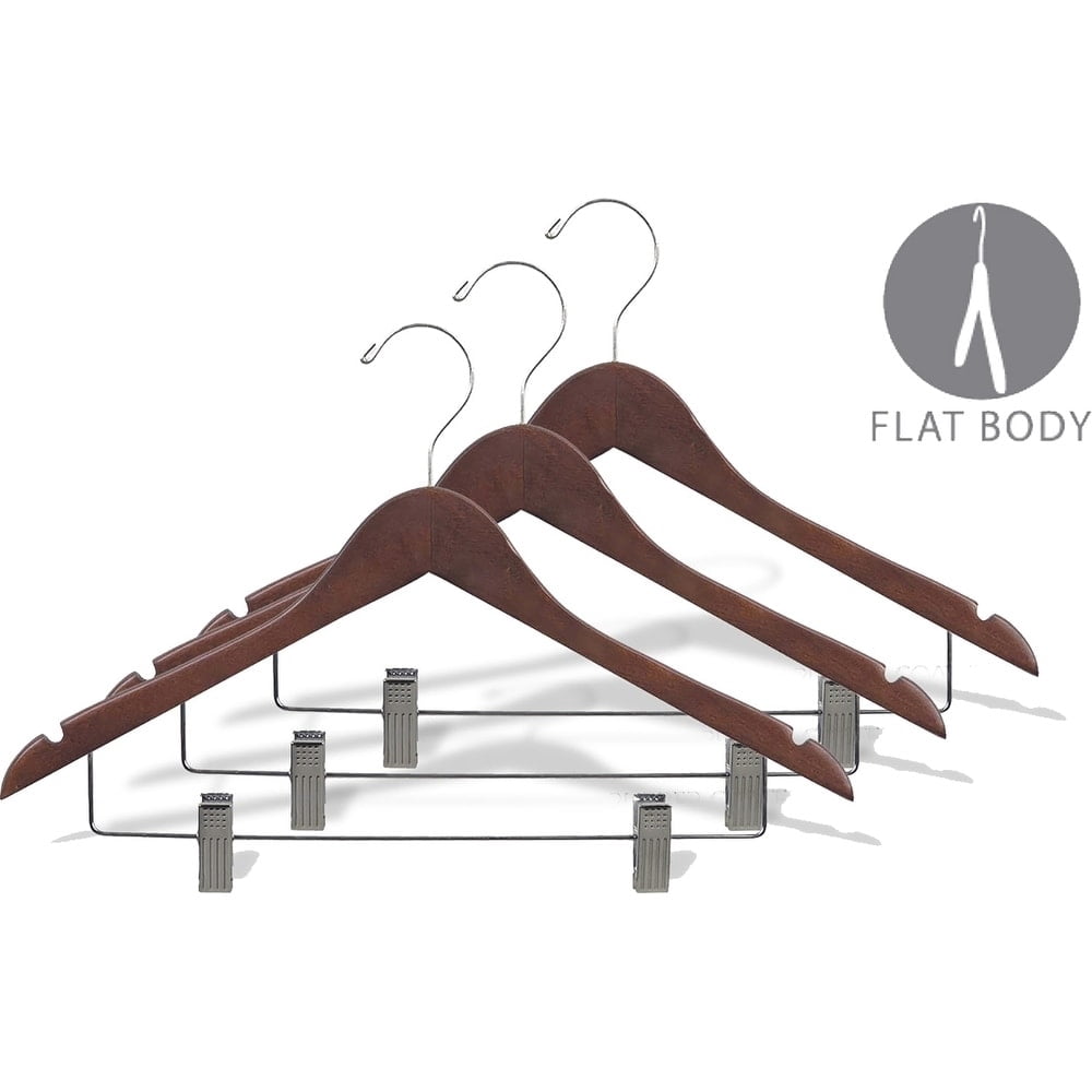 INTERNATIONAL HANGER Rubber Coated Non-Slip Walnut Wood Combo Hanger for Tops or Pants, 25 Pack