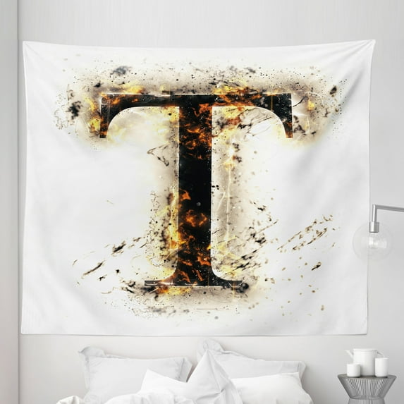 Letter T Tapestry, Scorching Letter T of Alphabet Design Worn out Background, Fabric Wall Hanging Decor for Bedroom Living Room Dorm, 5 Sizes, Tan Black Orange, by Ambesonne