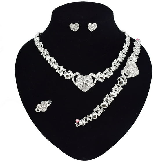 Women's Hugs & Kisses XOXO Heart Charm Necklace Set Includes Ring Bracelet & Earrings set 18k Layered Real Gold Plated (Silver)