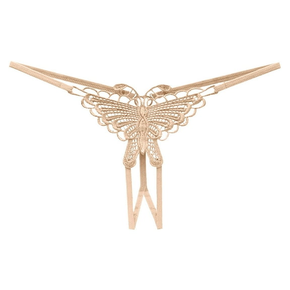 Jxximdong Sexy Lingerie for Women Butterfly Embroidered Crotchless Briefs Low Waist Strappy Thongs Women's Intimates Beige