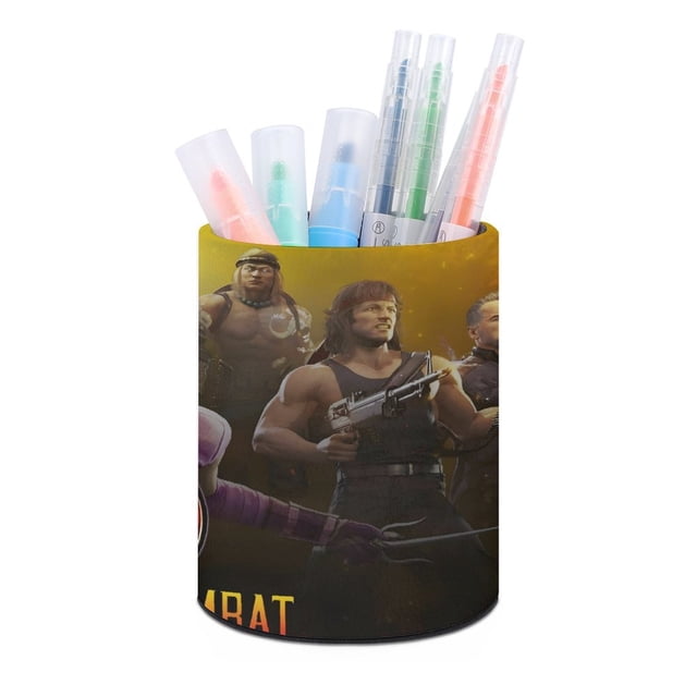 Mortal Kombat-theme Cylinder Pen Holder Pencil Organizer with Flannel Lining PVC Leather Material Cardboard Base for study work 10*8CM