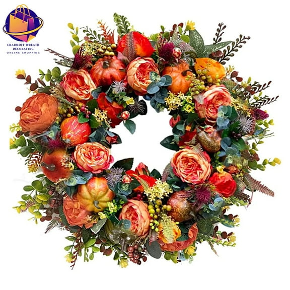 Peony Pumpkin Wreath Decorative Artificial Autumn Garland Festival Theme Farmhouse Party Decoration