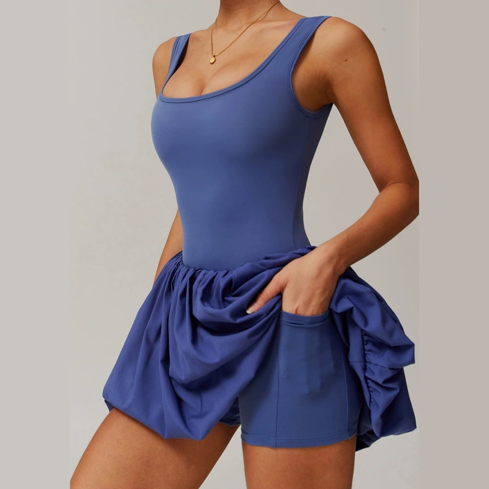 adaychics Tennis Dresses for Women with Shorts Square Neck Sleeveless Backless Casual Workout Bubble Mini Dress with Shorts for Running